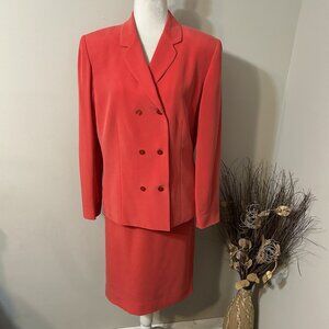 Vtg TA TRAVIS AYERS 100% Silk Skirt Suit 2Pc Set Women Pink Salmon Lined Sz 14